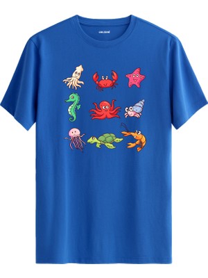 Deniz Canlıları Baskılı %100 Pamuk Tişört