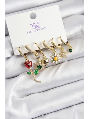 Bfs Pirinç Zirkon Taşlı Gül ve Papatya Model Gold Renk 3'lü Çift Kadın Küpe