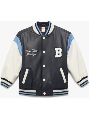 Uzun Kollu Bisiklet Yaka Renk Bloklu Bomber Kolej Ceket