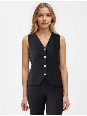 Jimmy Key Siyah Dar Kesim Parlak Düğme Detaylı Triko Yelek