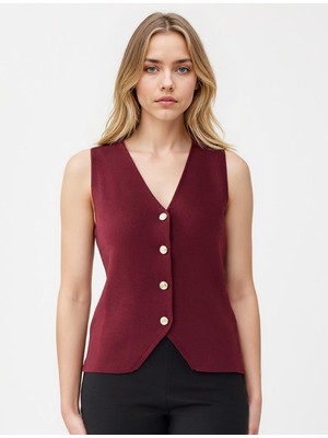 Jimmy Key Bordo Dar Kesim Parlak Düğme Detaylı Triko Yelek