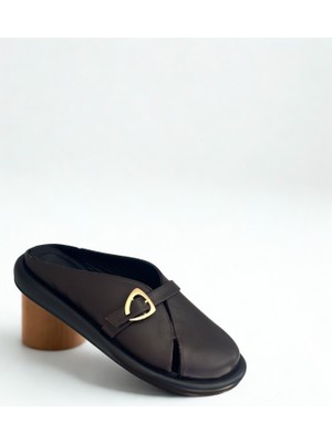 Kahve Hakiki Deri Tokalı Kadın Günlük Rahat Sabo Terlik