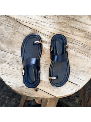 Ne&Ve Shoes Siyah Hakiki Deri Parmak Arası Kadın Günlük Sandalet