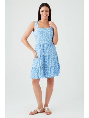 Kadın Mavi Çiçek Desenli Askılı Elbise