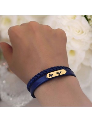 14 Ayar Plakalı Altın Kral Kartal Temalı Lacivert Derili Kelebek Motifli Hediye BILEKLIK-616SEMBOL