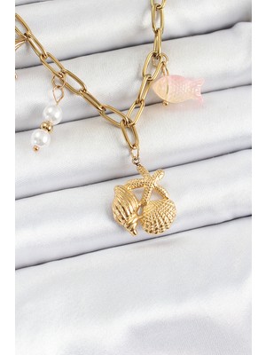 316L Çelik Gold Renk Deniz Yıldızı ve Deniz Kabuğu Konsept Kadın Kolye SL12276