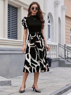 Runiquehome Kadın Kısa Kollu Yarı Balıkçı Yaka Üst Viskon Alt Desenli Dokuma Midi Elbise