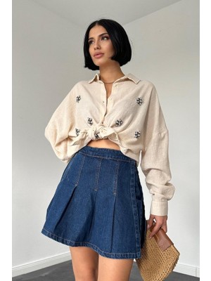 Runiquehome Krem Taş Işlemeli Gömlek