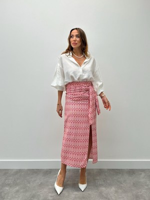 Kadın Etnik Desen Fermuarlı Tasarım Bağlamalı Kırmızı Etek