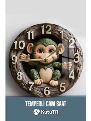 Sevimli Maymun Figürlü 3D Görünümlü Temperli Cam Saat – 33 cm CSDW339