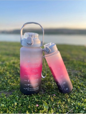 2 Li Motivasyonel Su Matarası | Su Şişesi 2 Lt ve 900 ml Yavrulu Spor Salon Şişesi