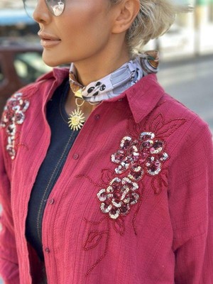 4165 Mutlu Taşlı Payetli Gömlek Bordo