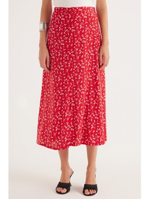 Kadın Standart Fit Düğmeli Viskon Lastikli Baskılı Midi Boy Etek