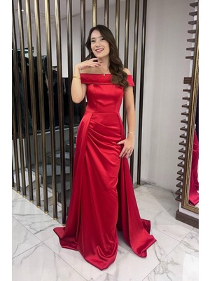 Kadın Madonna Yaka Önü Büzgülü Astarlı Pelerinli Saten Uzun Elbise