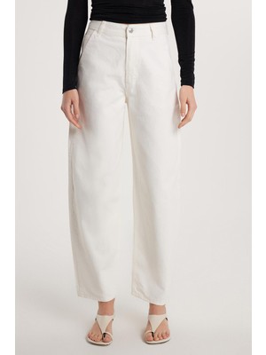 Kadın Regular Fit Yan Cepli Baggy Balon Beyaz Jean Kot Pantolon
