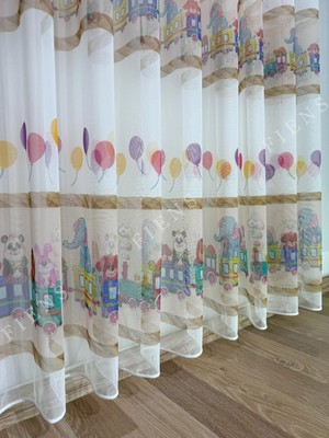 Renkli Tren ve Hayvan Figürlü Çocuk Tül Perdesi 1/3 Sık Pileli Ütü Gerektirmez