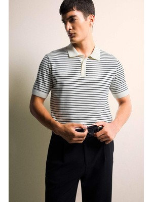 DeFacto Standart Fit Polo Yaka Düğmeli Çizgili Triko Kısa Kollu Tişört F2729AX25AU