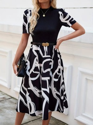 Kadın Kısa Kollu Yarı Balıkçı Yaka Üst Viskon Alt Desenli Dokuma Midi Elbise 2xl-3xl-Siyah