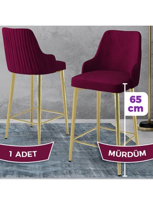 Tera Serisi 1 Adet Mürdüm Babyface Kumaş 65 cm Gold Kaplama Ayaklı Bar Sandalyesi
