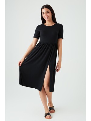 Kadın Siyah Kısa Kollu Midi Elbise