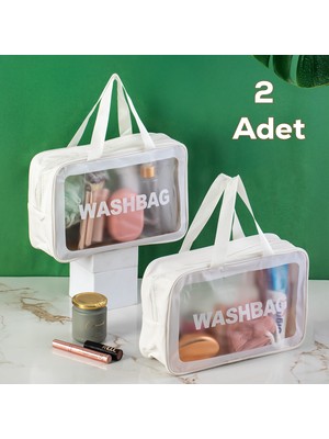 Porsima 3142-1 2li Şeffaf - Beyaz Seyahat ve Makyaj Çantası Su Geçirmez Organizer Washbag 20X30CM