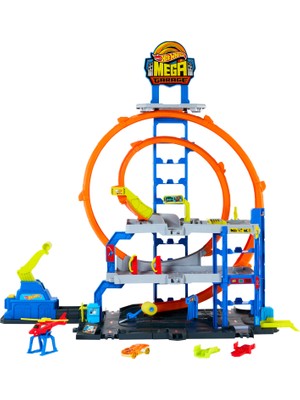 Hot Wheels® Mega Loop Garaj Hot Wheels City Mega Garaj Oyun Seti, 1:64 Ölçekli 1 Metal Oyuncak Araba ve 1 Oyuncak Helikopter JBM74