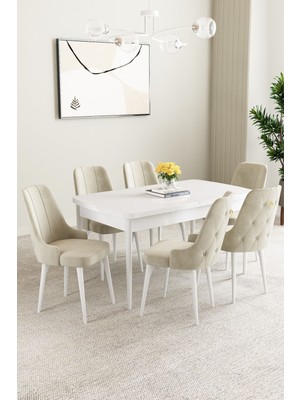 Mabel Beyaz 80X132 Açılabilir Mdf Masa Yemek Odası Takımı, Mutfak Takımı 6 Adet Sandalye