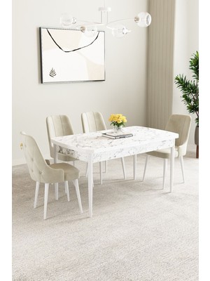Mabel Beyaz Mermer Desen 80X132 Açılabilir Mdf Masa Yemek Odası Takımı,mutfak Takımı 4 Adet Sandalye