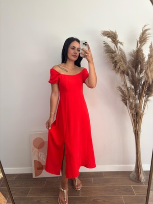 Duso Home Balon Kollu Yırtmaçlı Midi Kısa Kollu Elbise