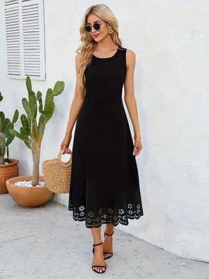 Bizcomoda Kadın Kolsuz Etek Ucu Lazer Kesim Çiçek Desenli Midi Boy Janjan Krep Elbise