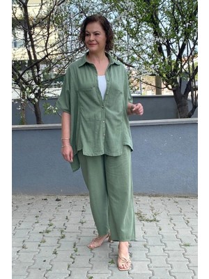 Kadın Yeşil Italyan Tasarım Keten Takım