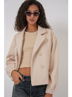 Bizcomoda 9117 Kruvaze Yaka Crop Ceket - Bej