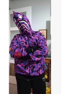 Bizcomoda Iki Iplik Zıp Fermuarlı Nakışlı Kapşonlu Hırka - Mor