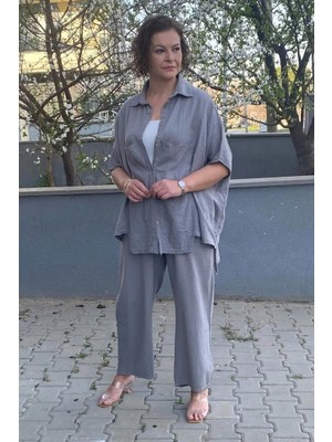 Kadın Gri Italyan Tasarım Keten Takım