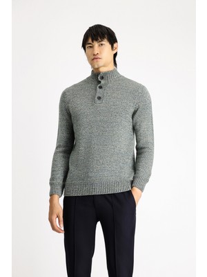 Kiğılı Yarım Balıkçı Yaka Düğmeli Regular Fit Desenli Alpaka Yünlü Triko Kazak