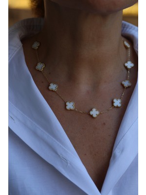 14 Ayar Altın Sedefli Beyaz Taş Detaylı Yoncalı Kolye