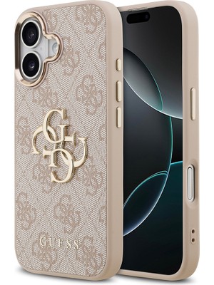 iPhone 17 Kılıf Guess Lisanslı Gold Metal Kamera Çerçeveli Metal Büyük 4g Yazı Logolu Kapak Pembe