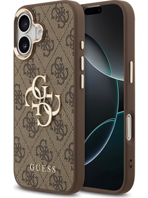 iPhone 17 Kılıf Guess Lisanslı Gold Metal Kamera Çerçeveli Metal Büyük 4g Yazı Logolu Kapak Kahve