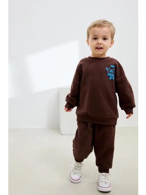 Erkek Çocuk 3 Iplik Pamuklu Kumaş Baskılı Sweatshirt ve Pantolon Alt Üst Takım