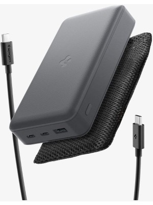 Spigen 30000 mAh 30W USB-C + USB-A Giriş / Çıkış Hızlı Şarj 3 Portlu Powerbank / 1 Metre Type-C Harici Kablolu Taşınabilir Şarj Cihazı + Taşıma Çantası Dahil EA3030 Gray - ABA09436