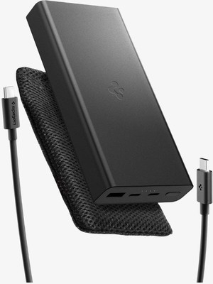 Spigen 20000 mAh Alüminyum Kasa 30W USB-C + USB-A Giriş / Çıkış Hızlı Şarj 3 Portlu Powerbank / 1 Metre Type-C Harici Kablolu Taşınabilir Şarj Cihazı + Taşıma Çantası EA3020 Black - ABA09433
