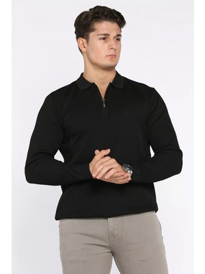 Erkek Polo Yaka Çizgi Desenli Yarım Fermuarlı Triko Kazak P-00017901