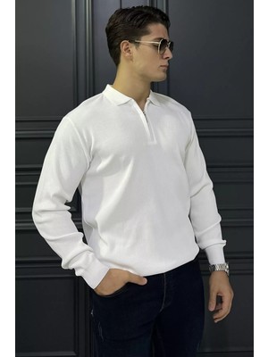 Erkek Polo Yaka Çizgi Desenli Yarım Fermuarlı Triko Kazak P-00017901