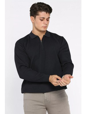 Erkek Polo Yaka Çizgi Desenli Yarım Fermuarlı Triko Kazak P-00017901