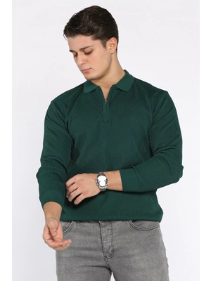 Erkek Polo Yaka Çizgi Desenli Yarım Fermuarlı Triko Kazak P-00017901