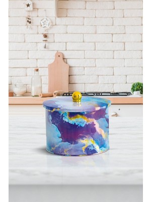 Evle EF141-F0 Liquid Purple Desenli Yuvarlak Metal Saklama Kabı 14 cm
