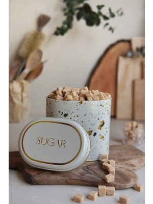 Evle ER004-9G Terrazzo Cream Desenli Oval Metal Saklama Kabı 11X15 cm