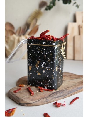 Evle ER043-1H Terrazzo Black Desenli Dikdörtgen Metal Saklama Kabı 8X10 cm