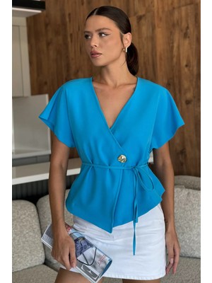 Kruvaze Yaka Bel Bağcıklı Kolsuz Kısa Ceket P-00017987