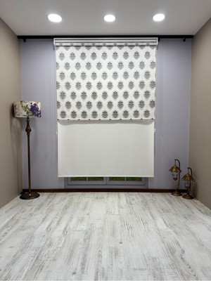 Gri Damask Desenli Çift Mekanizmalı Tül ve Stor Perde - Simli Kumaş, Simli Stor Perde